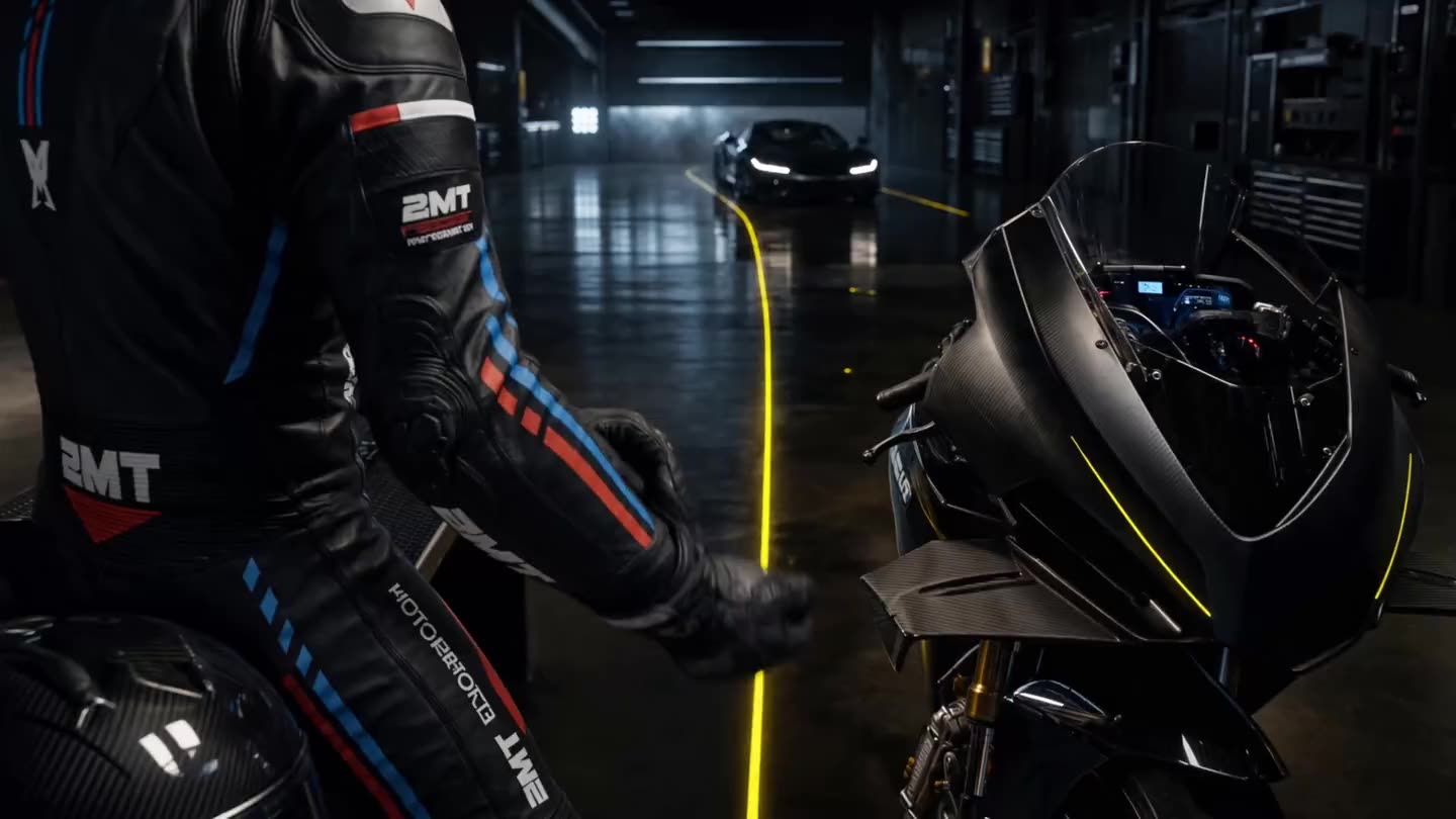 Revline — piloto e moto no box, antes da saída para a pista